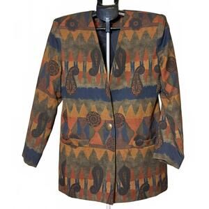 VINTAGE 80's -90's BLAZER JO HARDIN ABSTRACT BOHO BROWN & BLUE WOMENS 4 NWOT
